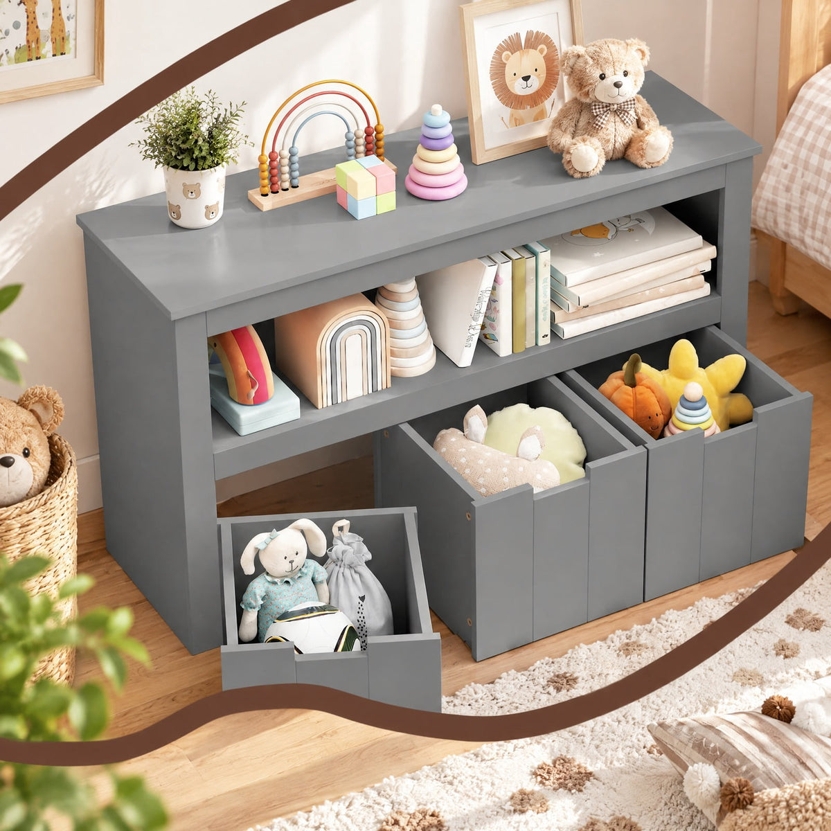 Airfind Kid Toy Storage Cabinet Drawer Chest with Wheels and Large Storage Cube Shelf, 110 lbs Capacity, MDF Frame, Gray