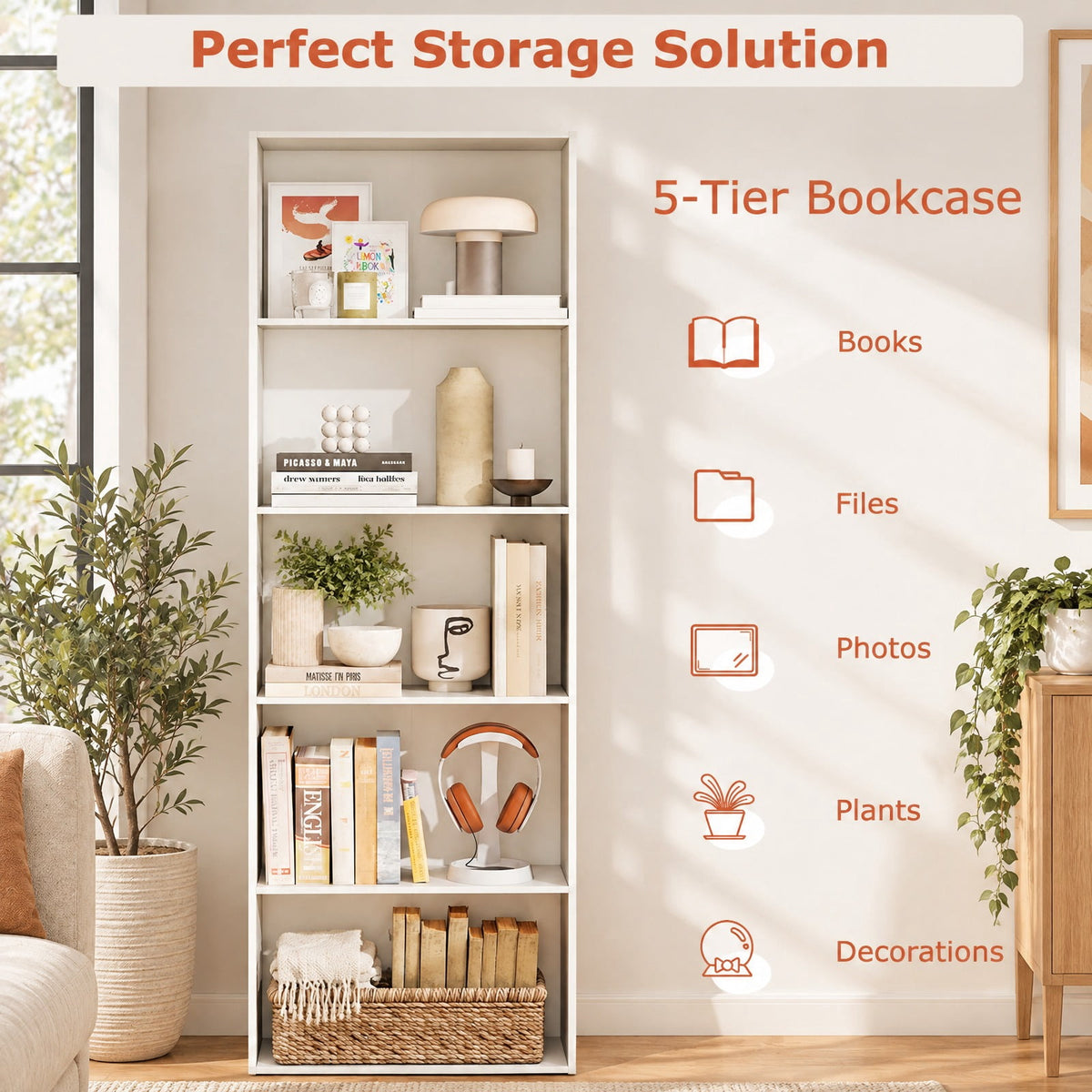 Airfind 5-Shelf Storage Bookcase Modern Multi-Functional Display Cabinet, 45 lbs Capacity, Engineered Wood MDF Frame, 24in x 9.5in x 67in Footprint