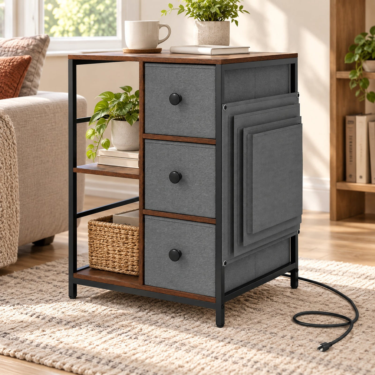 Airfind Side Table with Charging Station Industrial Nightstand with Open Shelves, 18 x 16 x 25Inner Footprint, Brown