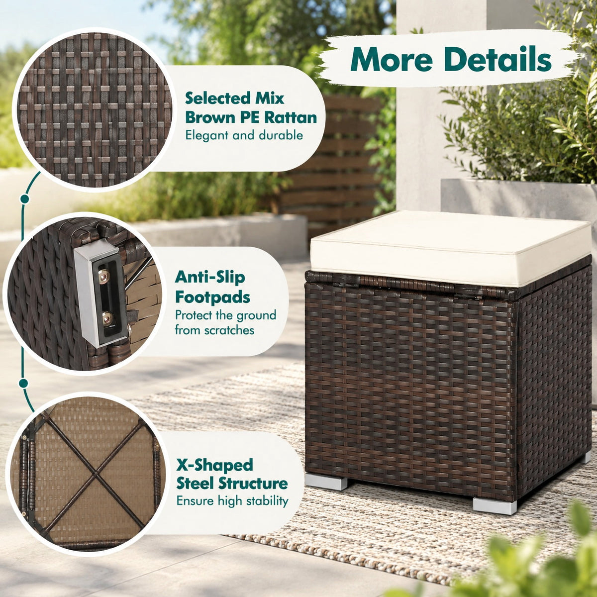 Airfind 2 Pieces Patio Ottoman with Removable Cushions, 350 lbs Capacity, Metal PE Rattan Sponge Polyester Frame, 16 x 16 x 15.5 Footprint, Brown