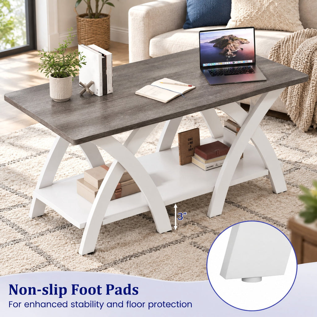 Airfind 40 Inch Farmhouse Wooden Coffee Table with Storage Shelf with X-shaped Legs, 155 lbs Capacity, Rubber Wood Plywood MDF Frame, Gray