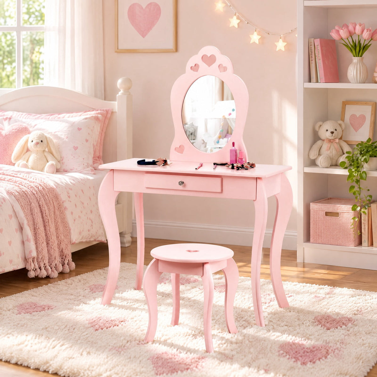 Airfind Kids Princess Makeup Dressing Play Table Set with Mirror, 33 lbs Capacity, MDF pine Frame, 27.5 Inch x 13.5 Inch x 41.5 Inch Footprint, Pink