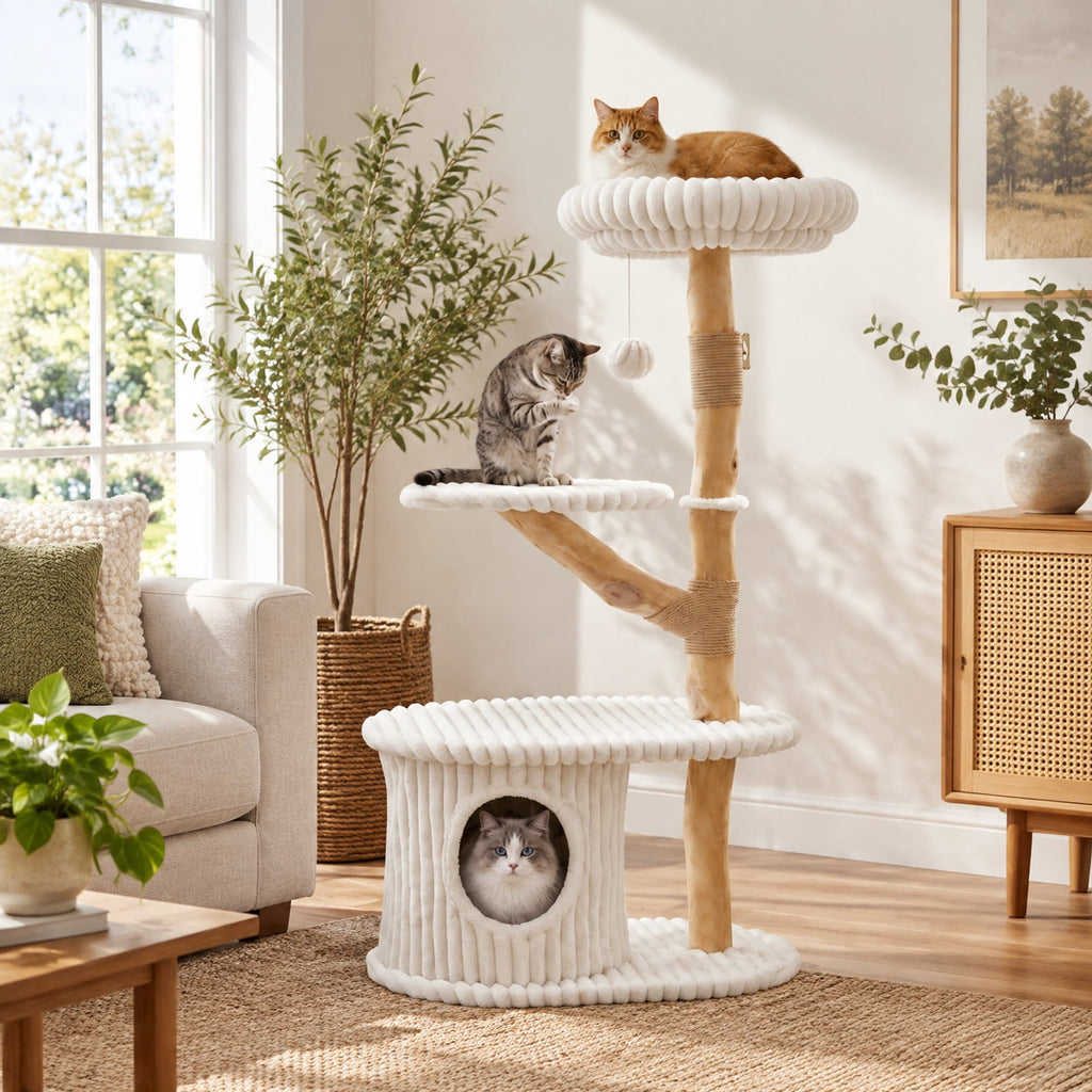 Airfind 41 Inch Tall Modern Cat Tower with Real Wood Branches Scratching Posts for Indoor, Beige, a distinctive shape and rich wood grain