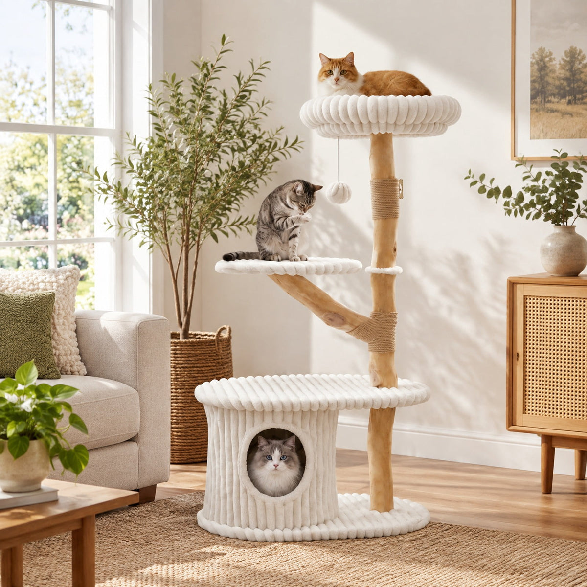 Airfind 41 Inch Tall Modern Cat Tower with Real Wood Branches Scratching Posts for Indoor, Beige, a distinctive shape and rich wood grain