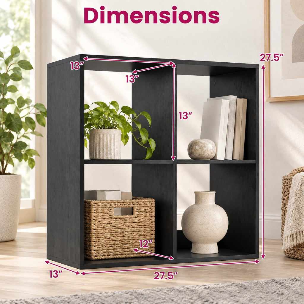 Airfind 4 Cube Bookshelf with Back Guardrail for Living Room Bedroom, 100 lbs Capacity, Engineered Wood Frame, 27.5 x 13 x 27.5 Footprint, Black