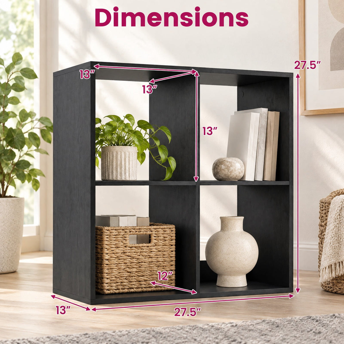 Airfind 4 Cube Bookshelf with Back Guardrail for Living Room Bedroom, 100 lbs Capacity, Engineered Wood Frame, 27.5 x 13 x 27.5 Footprint, Black