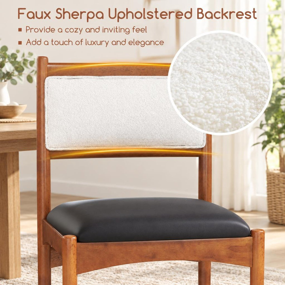 Airfind Wooden Dining Chair Set of 2 with Rubber Wood and Faux Sherpa Backrest, Chair 220 Lbs Capacity, 19 Inch X 20 Inch X 34 Inch, Walnut