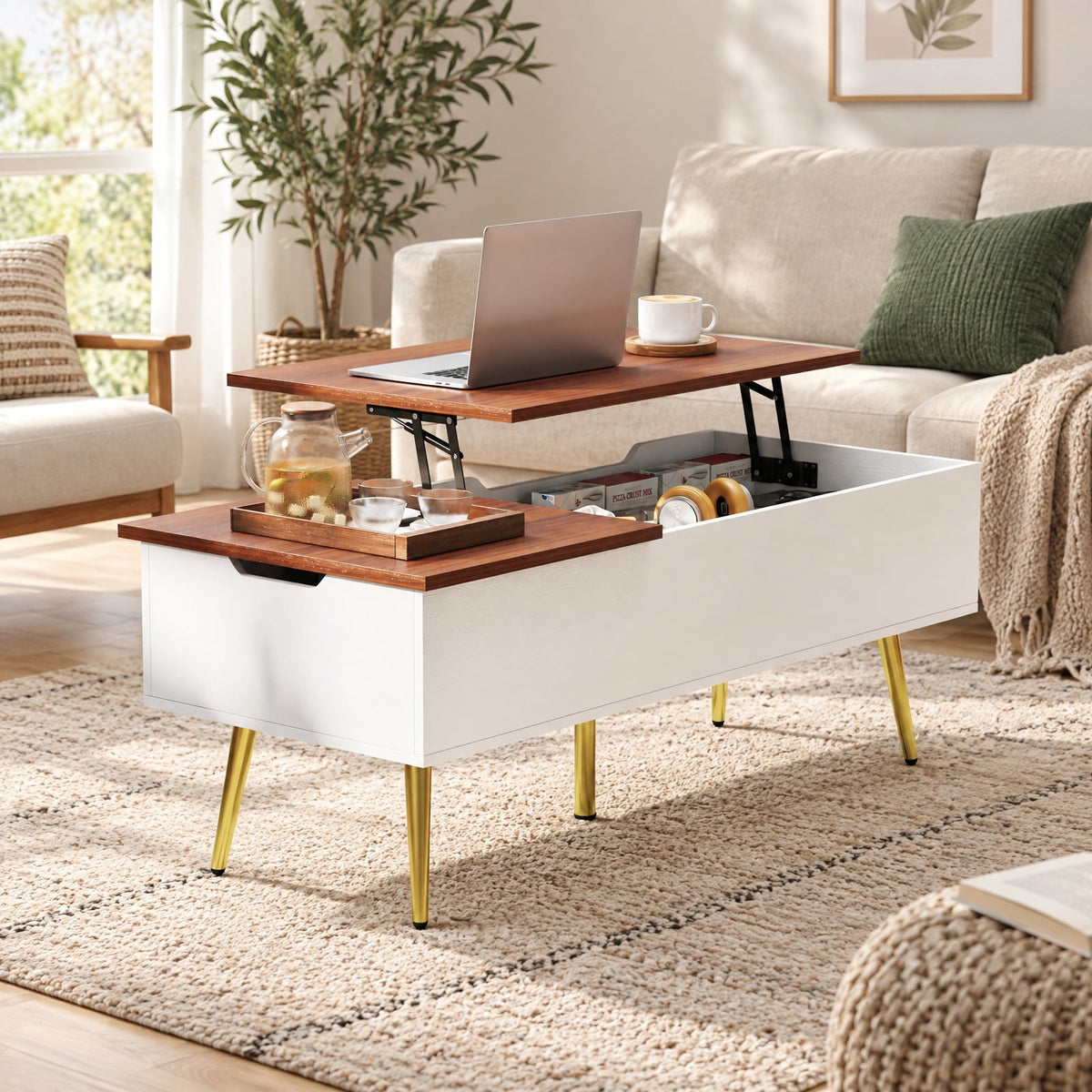 Airfind 47 Inch Lift Top Coffee Table with 2 Hidden Compartments, P2 Engineered Wood Solid Wood Steel Frame, Walnut