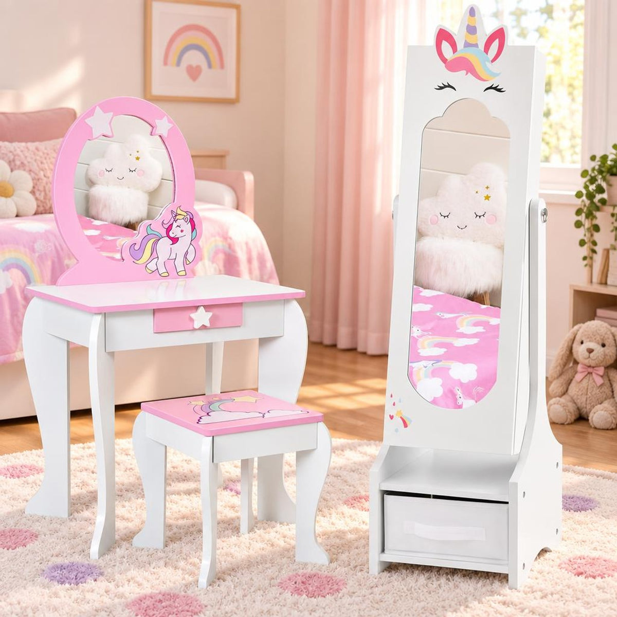 Airfind Kids Jewelry Cabinet with Full-Length Mirror for Kids Bedroom and Playroom, MDF Frame, 12.5 Inch x 12 Inch x 45.5 Inch Footprint, White