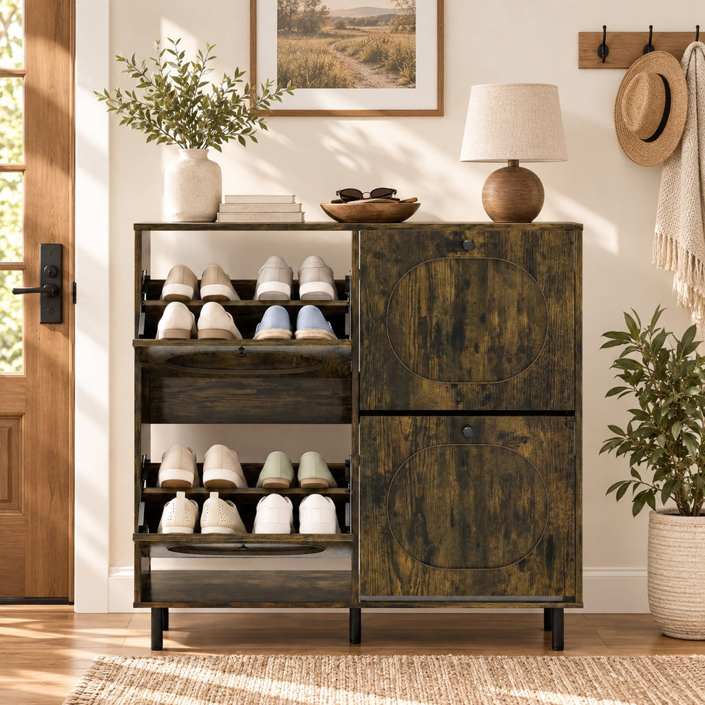 Airfind Shoe Storage Cabinet with 4 Flip Drawers and Aluminum Legs for Foyer and Hallway, 40in x 9.5in x 38.5inNet Weight 55 lbsWeight Footprint, Brown