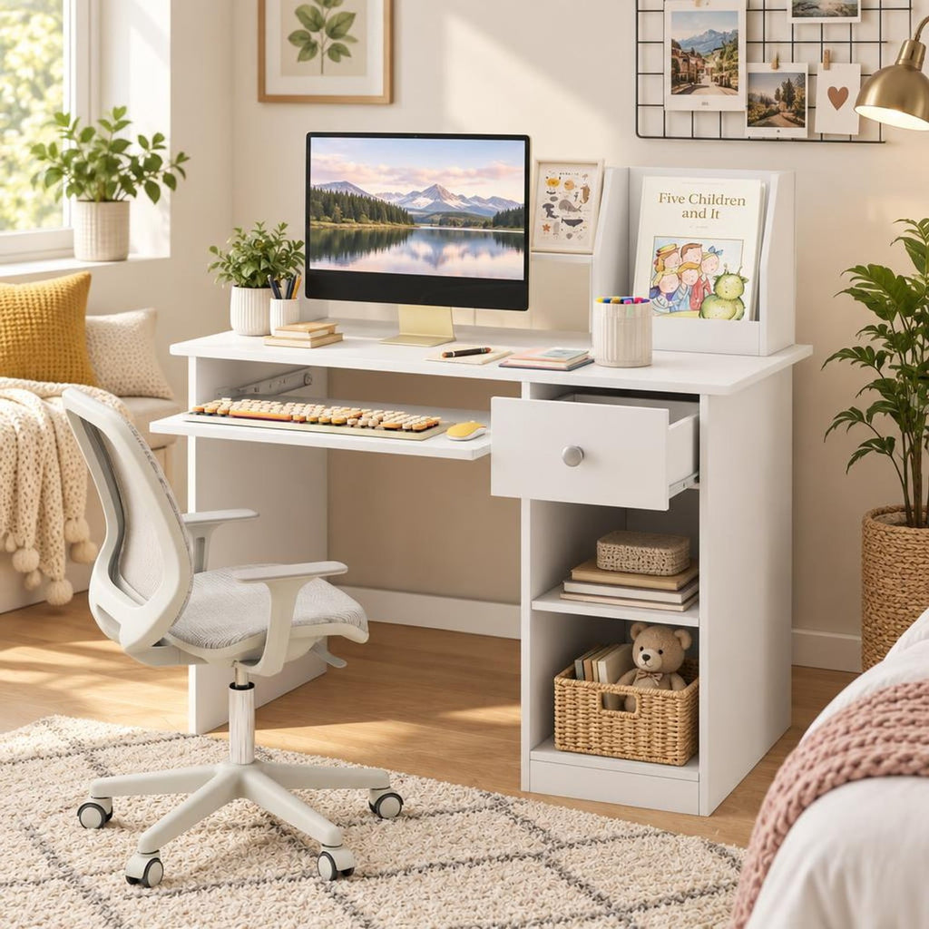 Airfind Youth Study Desk Youth Writing Table with Hutch Drawer Shelves and Keyboard Tray, 200 Lbs Capacity, Engineered Wood, White