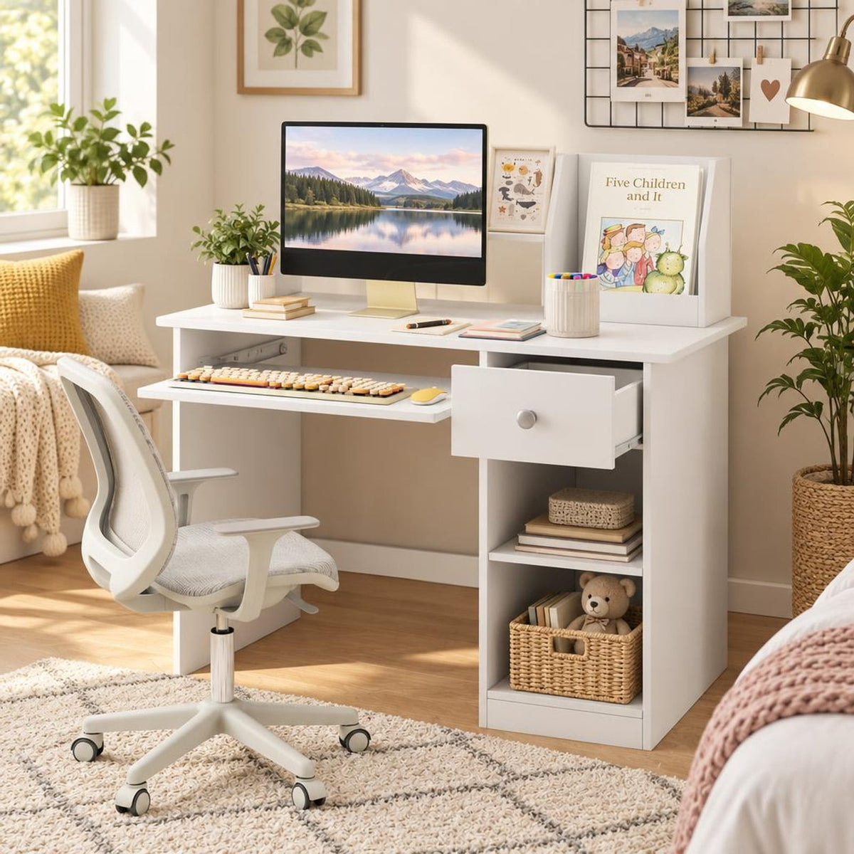Airfind Youth Study Desk Youth Writing Table with Hutch Drawer Shelves and Keyboard Tray, 200 Lbs Capacity, Engineered Wood, White