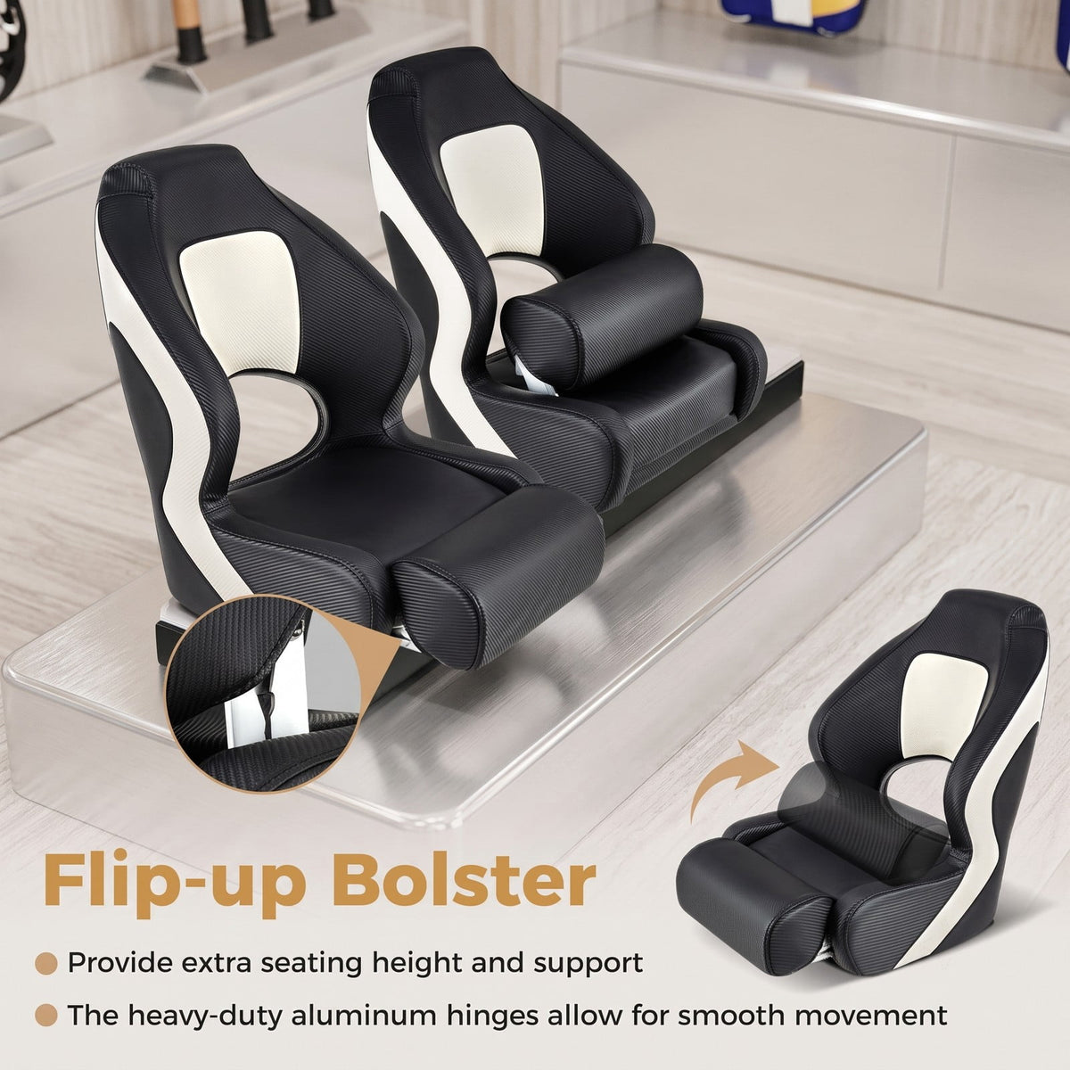 Airfind Captain Bucket Boat Seat with Flip Up Bolster and Curved Armrests for Cabin and Sightseeing Boats, Black and White