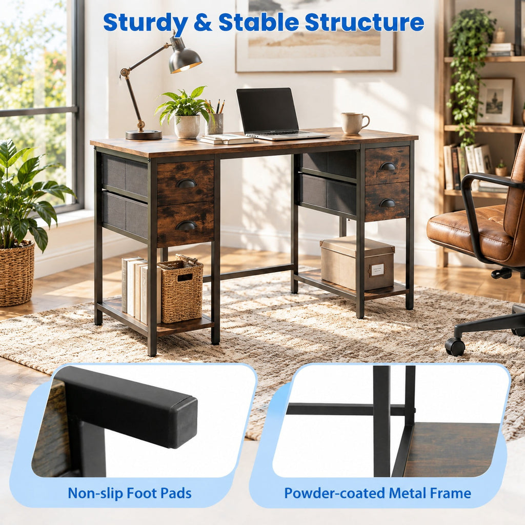 Airfind 48 Inches Computer Desk with Power Outlet Home Office Desk with 4 Fabric Drawers, 110 lbs Capacity, Engineered Wood Metal Fabric Frame