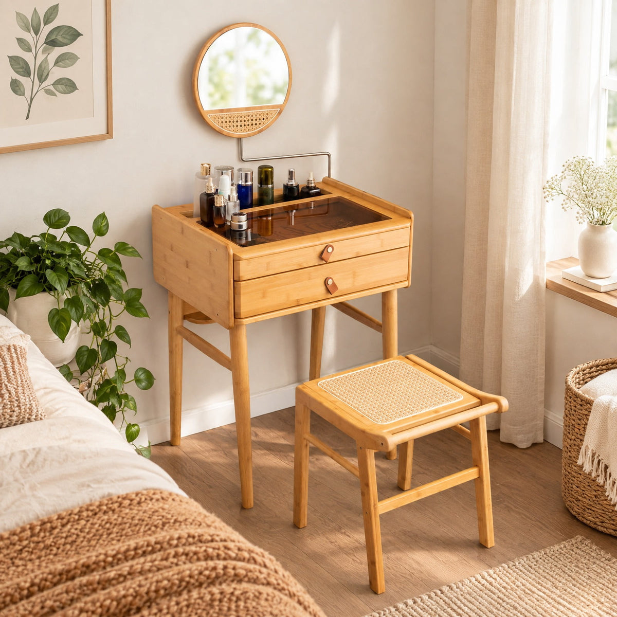 Airfind Bamboo Makeup Vanity Table with Mirror with 2 Storage Drawers, 22 lbs Capacity, Bamboo Glass Stainless Steel Frame, Natural