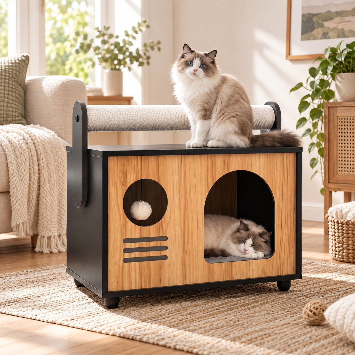 Airfind Wooden Cat House with Scratching Post, 33 lbs Capacity, Engineered Wood Frame, 19 Inch x 12 Inch x 17.5 Inch Height of Cat House 12 Inch Footprint, Black