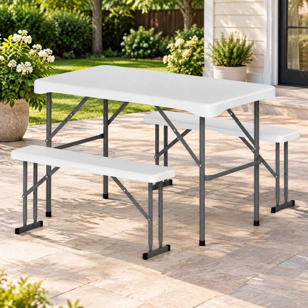 Airfind 44 Inch HDPE Folding Picnic Table Set with 2 Benches, 110 lbs Capacity, HDPE Metal Frame, 44 Inch x 24 Inch x28 Inch Footprint, White