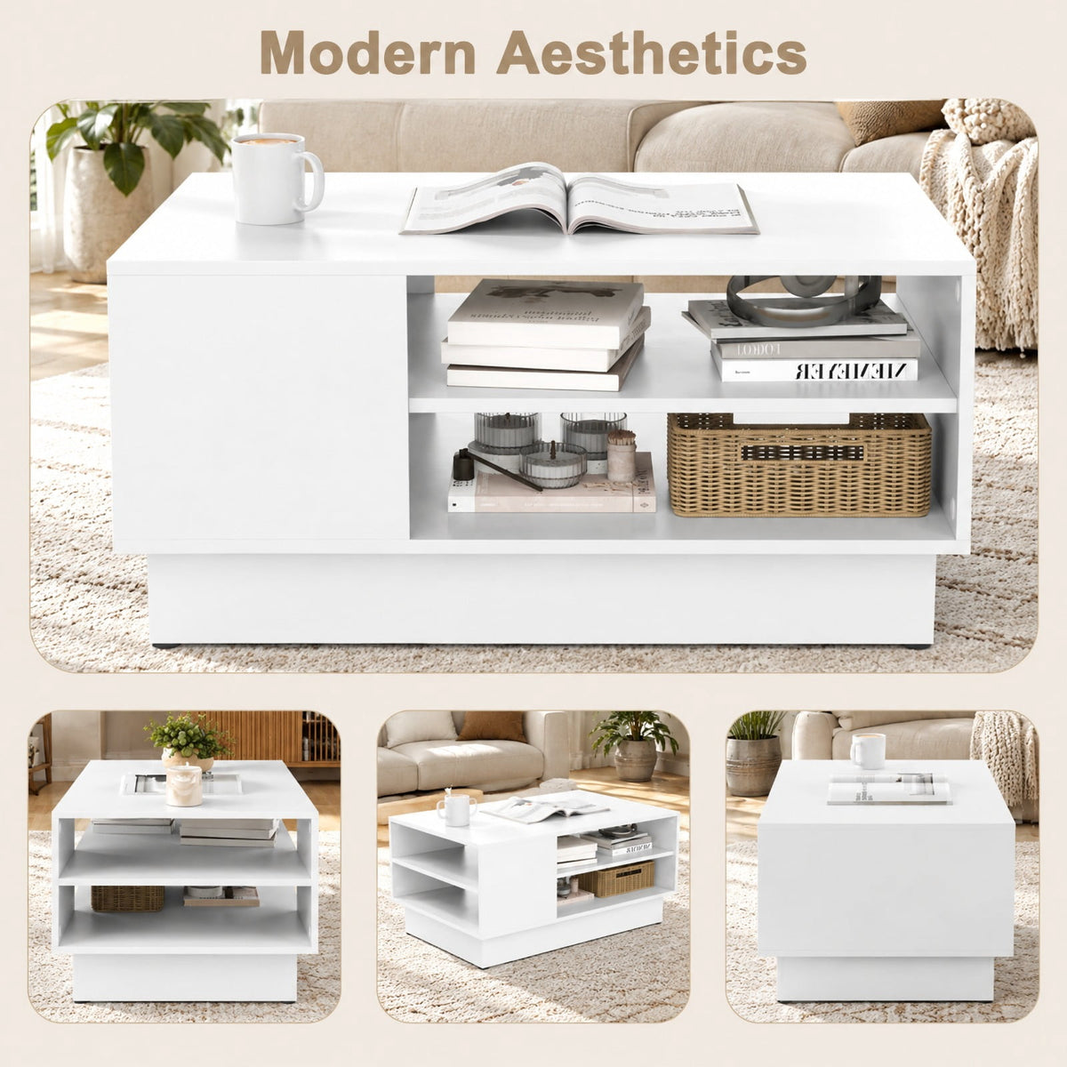 Airfind Modern Coffee Table with 2-Tier Open Storage Shelves, 132 lbs Capacity, Engineered Wood Frame, 34 x 22 x 16 Footprint, White