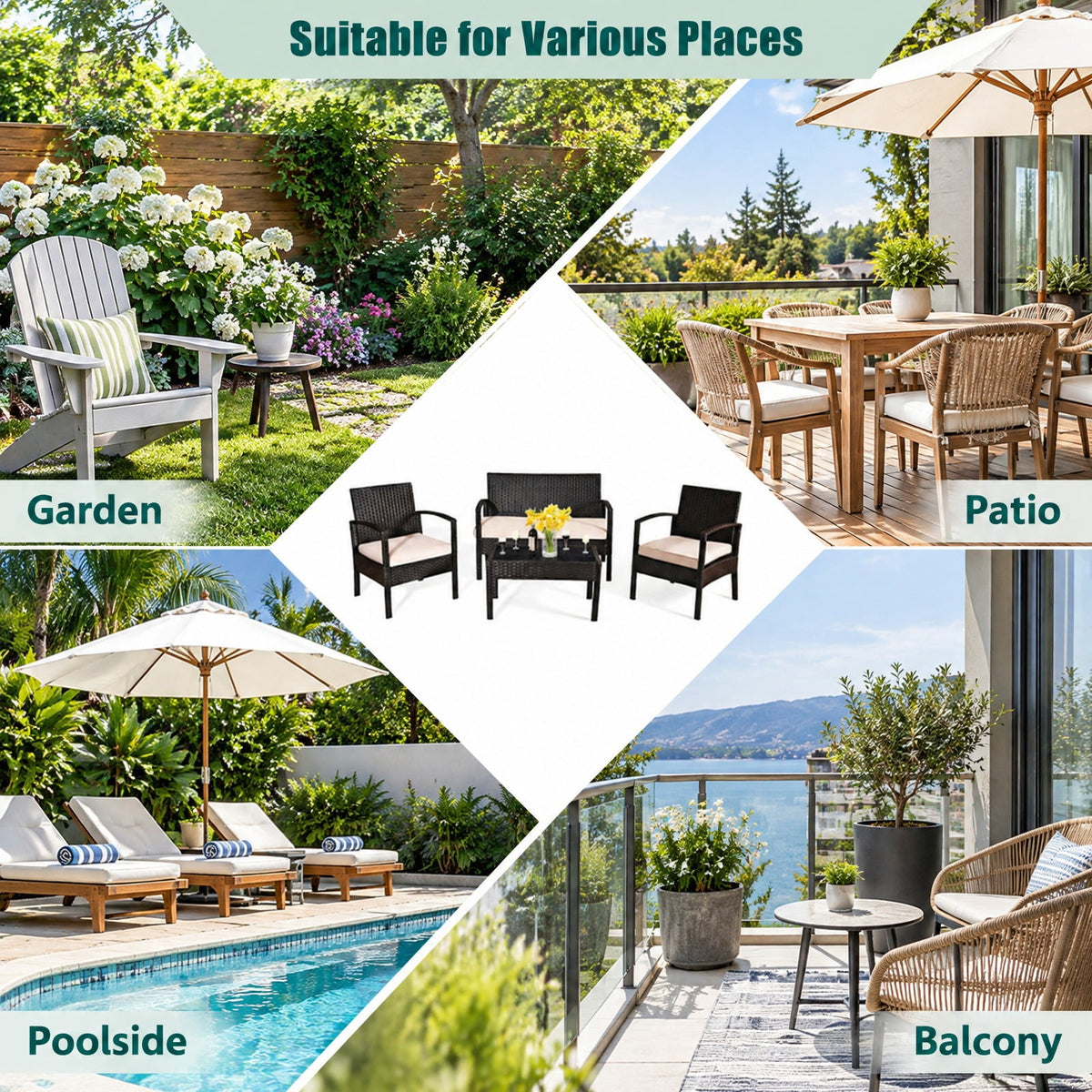 Airfind 4 Pieces Patio Rattan Conversation Set with Loveseat Sofas and Coffee Table, 710 lbs Capacity, PE Rattan Frame, Coffee