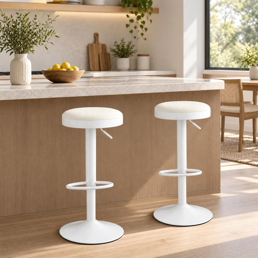 Airfind Set of 2 Kitchen Bar Stools with Height Adjustment Padded Seat and D-Shaped Footrest, 330 lbs Capacity, Metal Sponge Fabric Frame, White