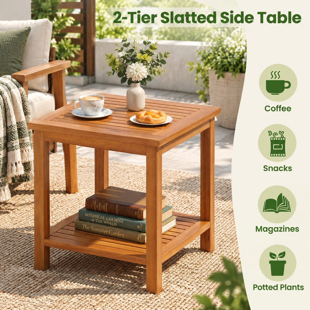 AIRFIND 3 Piece Patio Furniture Set with 2 Cushioned Chairs, Acacia Wood Frame and 2-Tier Side Table, Mix Brown PE Rattan and Gray Cushions