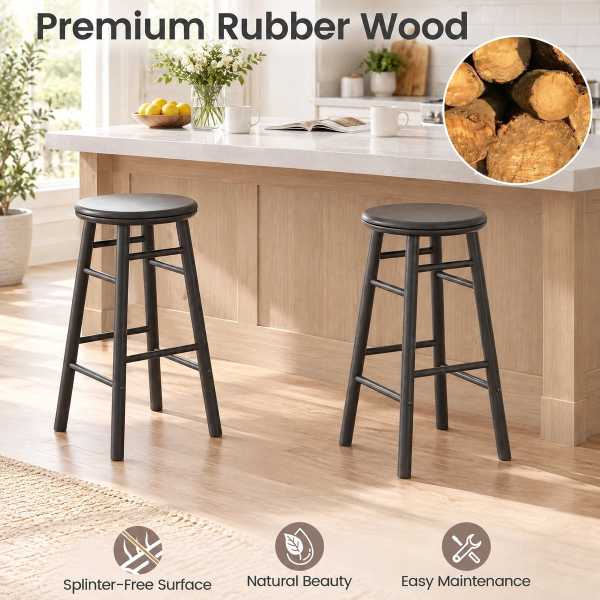 Airfind 24 Inch Swivel Bar Stools Set of 2 with Footrests and Crossbars, 330 lbs Capacity, Rubber Wood Frame, 13 Inch x 13 Inch x 24 Inch Footprint, Gray