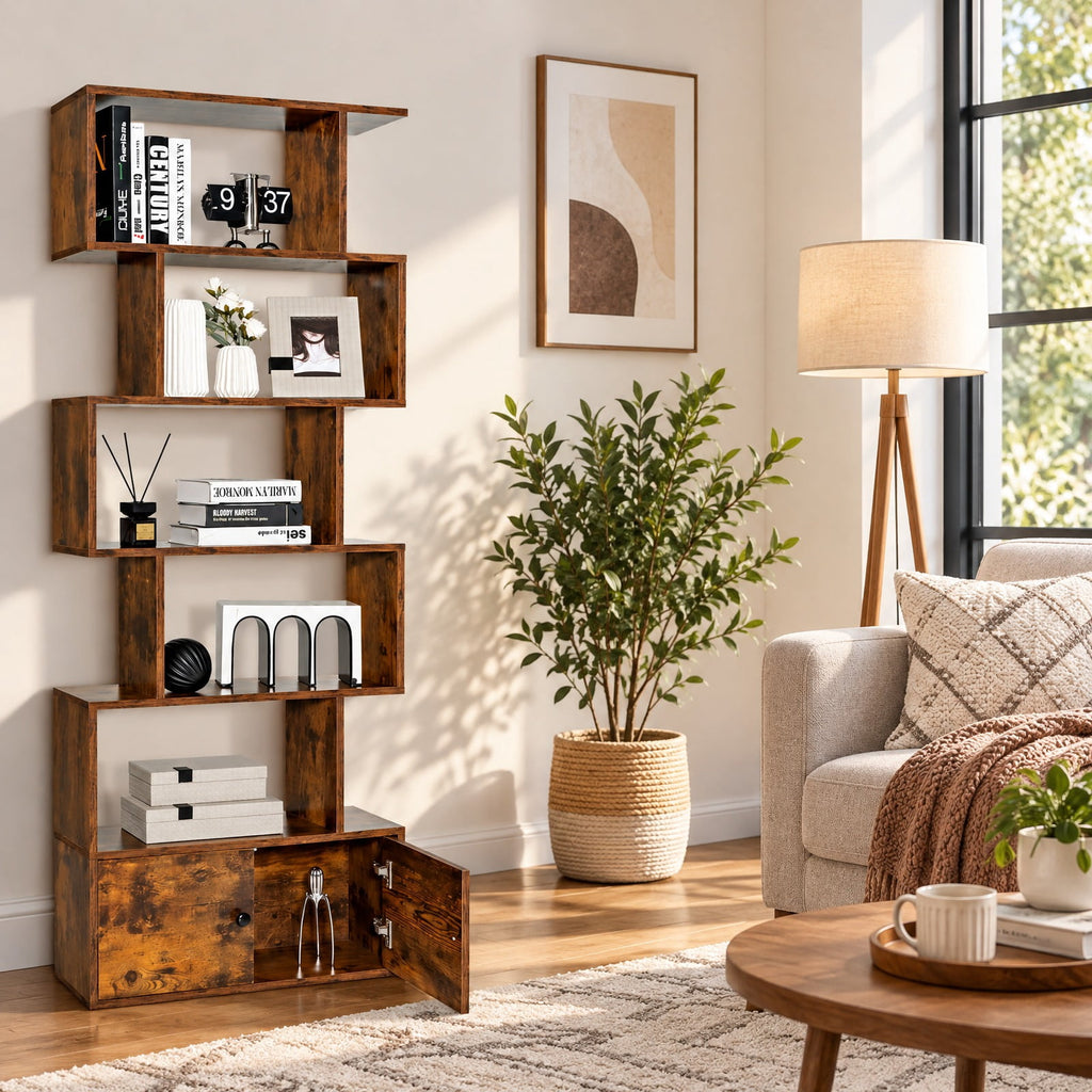 Airfind 6-Tier S-Shaped Freestanding Bookshelf with Cabinet and Doors, Engineered Wood with Engineered Wood and MDF Construction, Coffee
