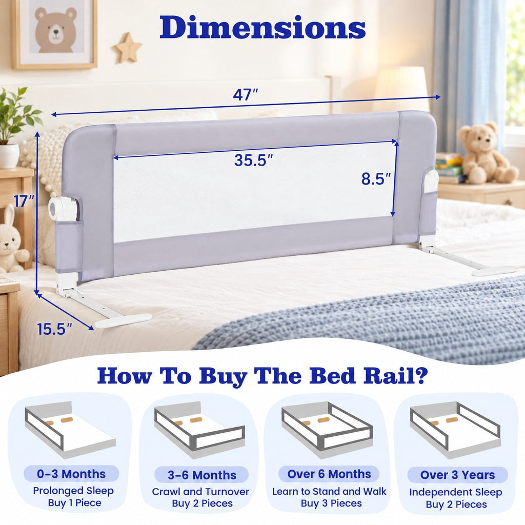 Airfind Foldable Bed Rail Swing Down Baby Bed Guard Rail, Metal Oxford Cloth PP Cotton Frame, 47 x 17 x 15.5（L x H x W） Footprint, White