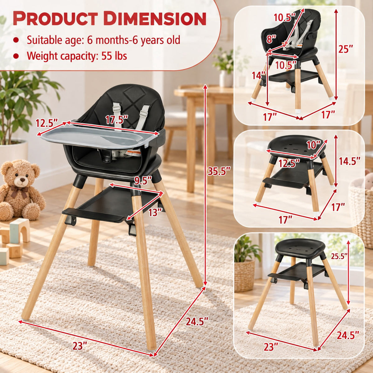 Airfind 6 in 1 Convertible Highchair with Safety Harness and Removable Tray, PP PU Beech Frame, 24.5 x 23 x 35.5 Footprint, Black