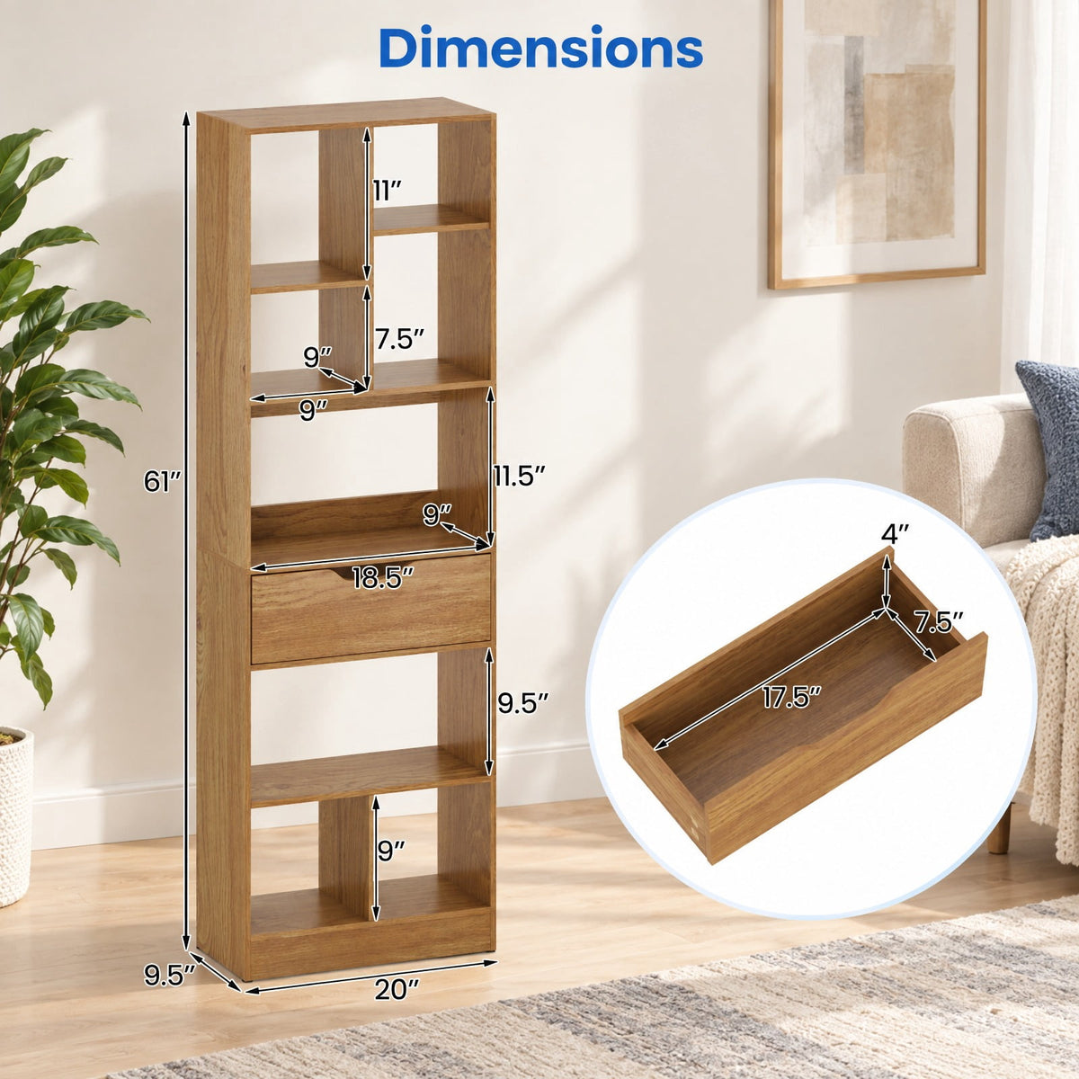 Airfind 61inch Tall Freestanding Bookcase with Drawer 8-Cube Storage Organizer, 187 lbs Capacity, Engineered Wood MDF Frame, Natural