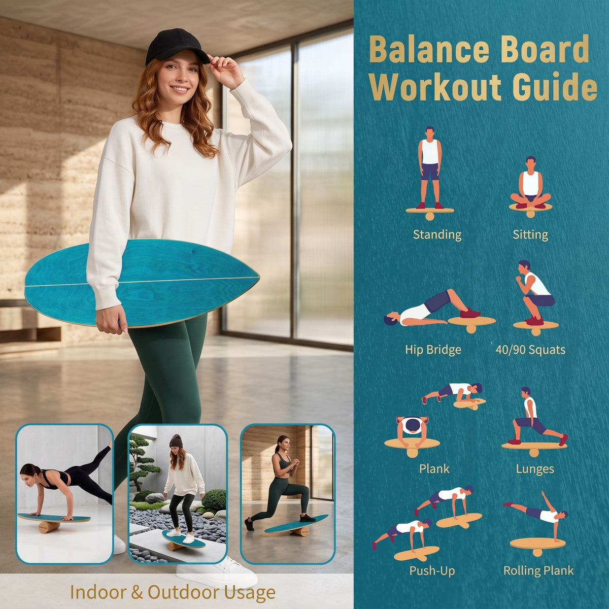 Airfind Wooden Balance Board with Cork Roller and Storage Rack, 11-Ply Birch Wood Balance Trainer for Core Strength Coordination, Indoor Outdoor Sports Exercise, Blue