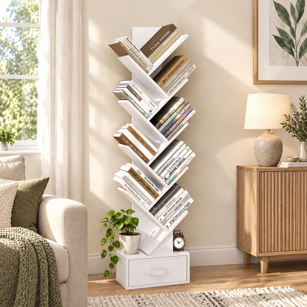 Airfind 10-Tier Bookshelf with Drawer Free-standing Storage Bookcase, 26.5 lbs Capacity, 13 x 7 x 5.5 (L x W x H)Overall Footprint, White