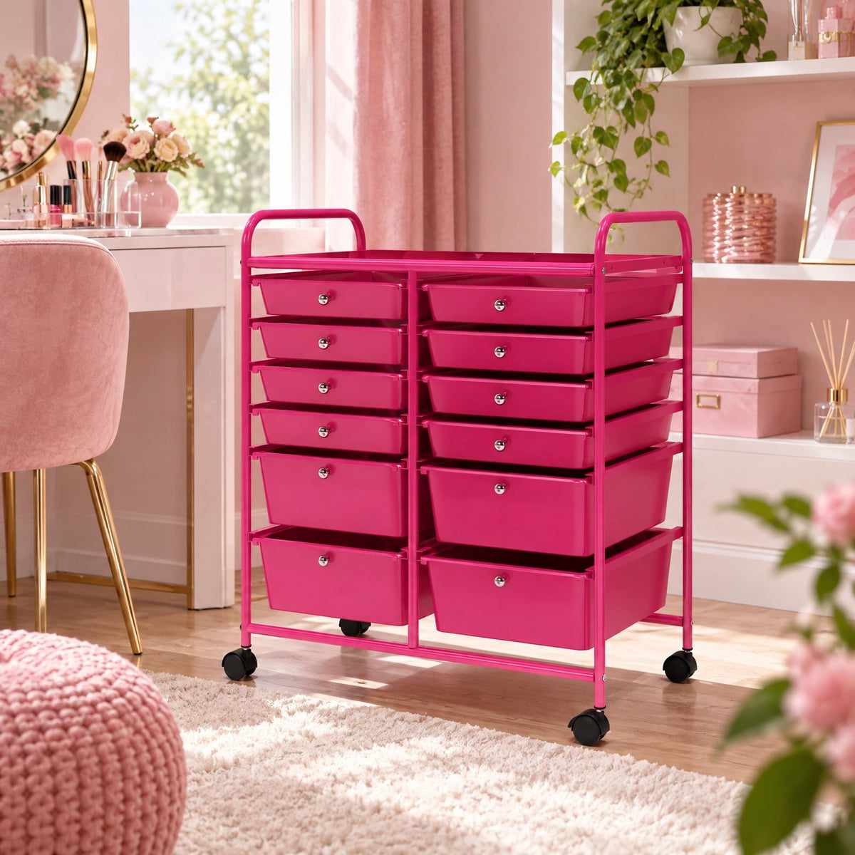 Airfind 12, Drawer Rolling Storage Cart with Removable Drawers and Lockable Wheels, Rose Red, Heavy, duty metal frame ensures excellent stability