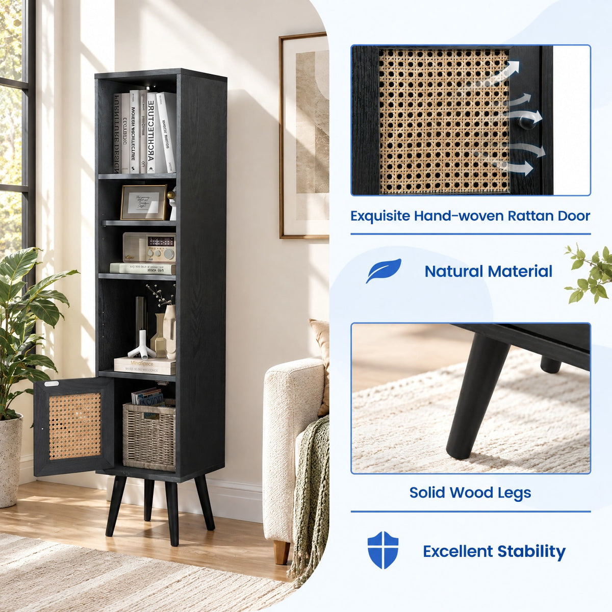 Airfind 4 Tiers Rattan Storage Cabinet with Slim Design, 135 lbs Capacity, Engineered Wood Solid Wood Rattan Frame, 12 x 12 x 54 Footprint, Black