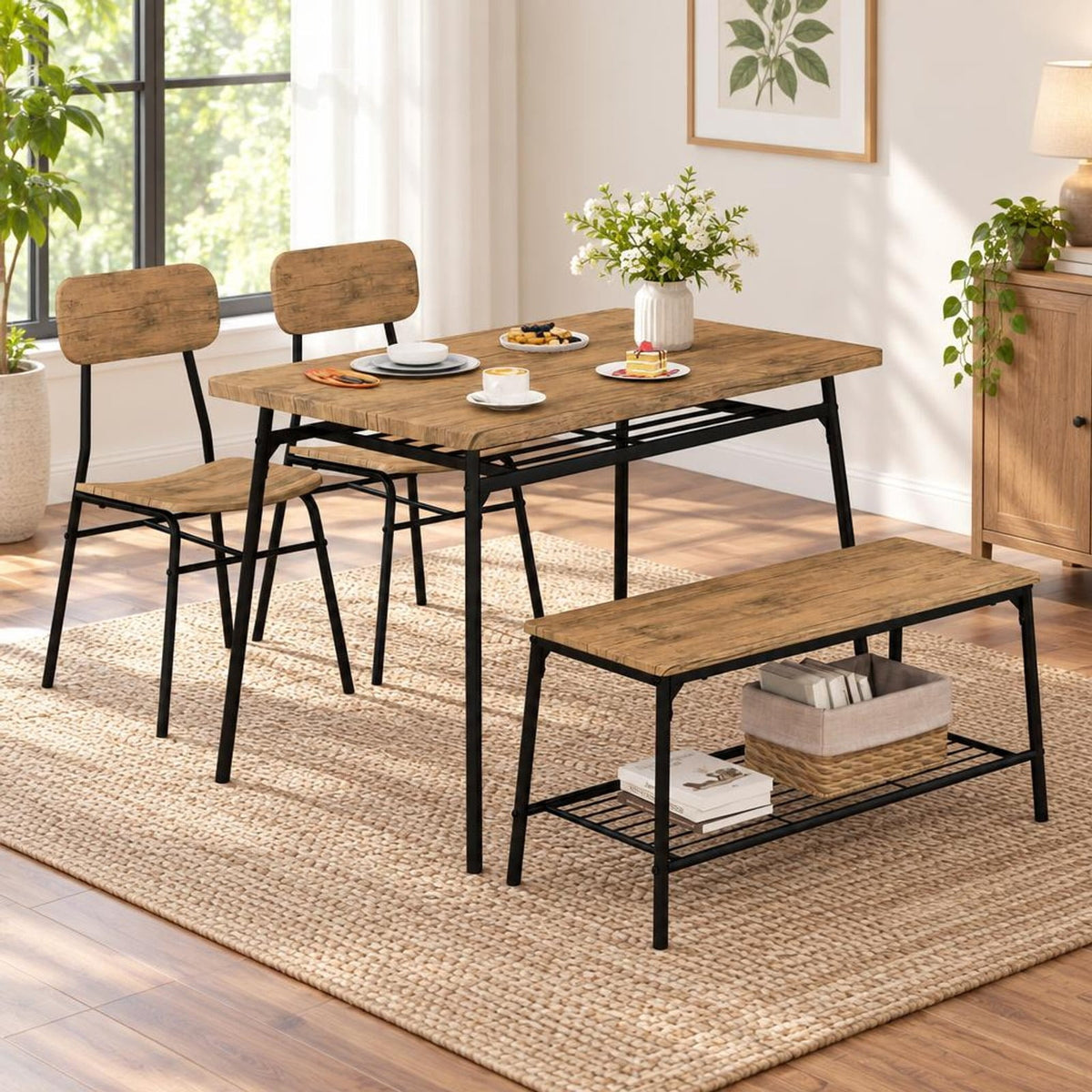 Airfind 4 Piece Dining Table Set for 4 Metal Frame with Bench and 2 Chairs, 200 lbs Capacity, MDF Metal Frame, Brown