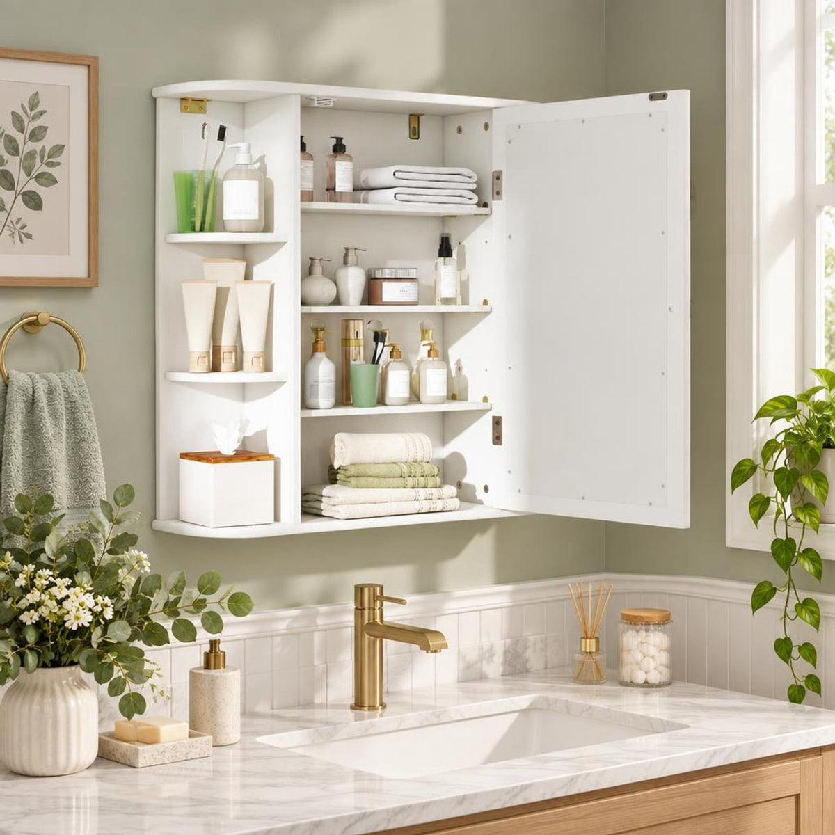 Airfind Multipurpose Mount Wall Mirror Bathroom Storage Cabinet, 44 lbs Capacity, MDF Frame, 26in x 6.5in x 25in (L x W x H) Open Compartment Footprint