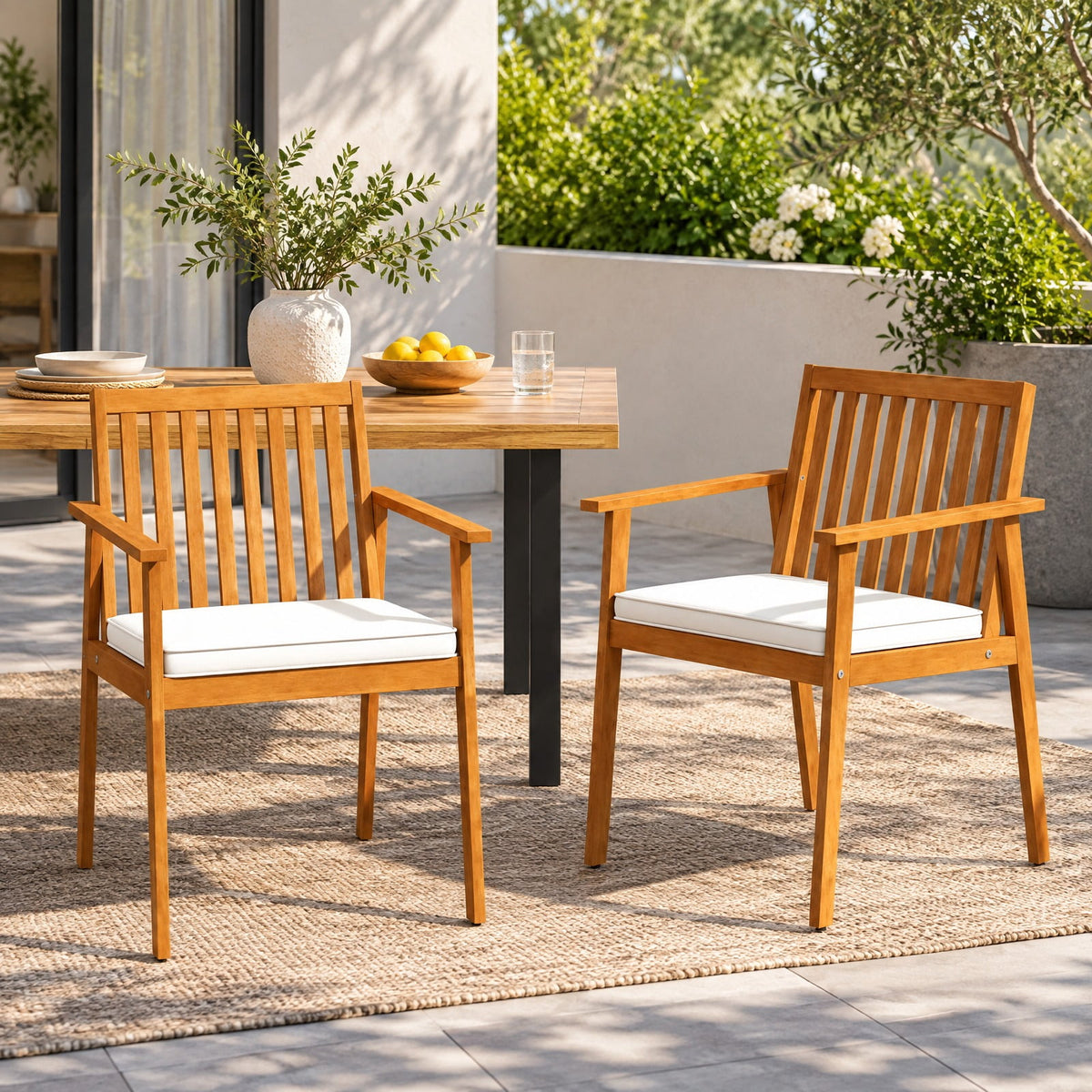 Airfind 2 Pieces Patio Dining Chairs Outdoor Acacia Wood Chairs with Removable Padded Cushion, Acacia Wood Sponge Non-woven Fabric Frame, Natural
