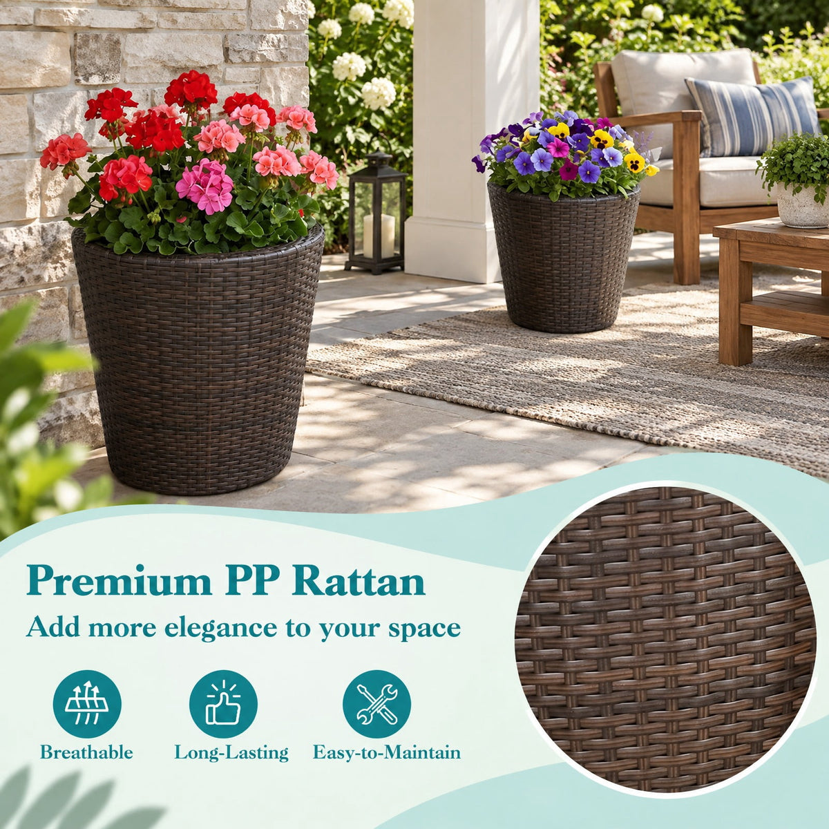 Airfind Set of 2 Plastic Taper Rattan Planters with Drainage Holes and Saucers, PP Frame, 15 x 15 x 15 Footprint, Brown