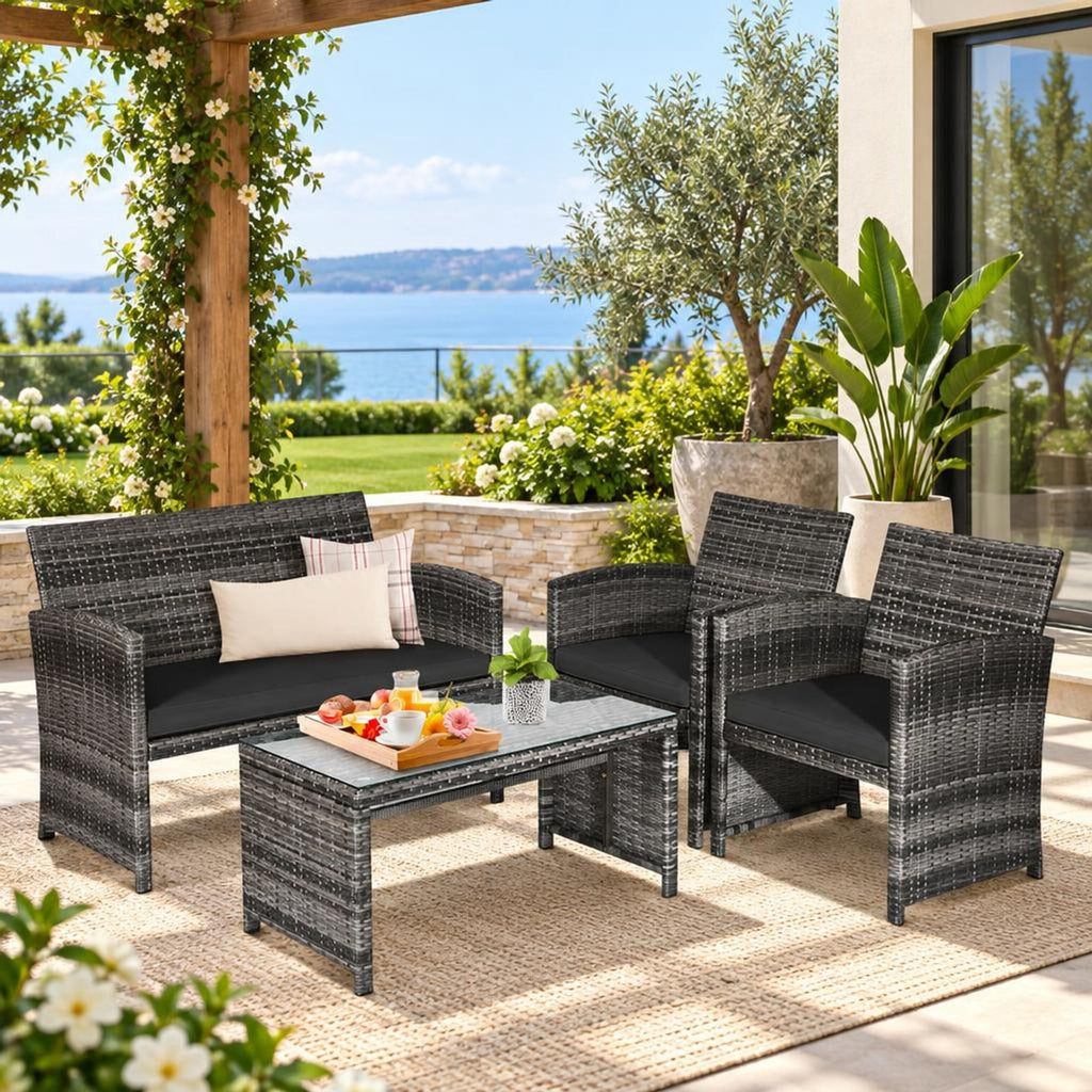 Airfind 4 Pieces Patio Rattan Furniture Set with Glass Table and Loveseat, PE Rattan Polyester Fiber Steel Sponge Single Sofa Frame, Black