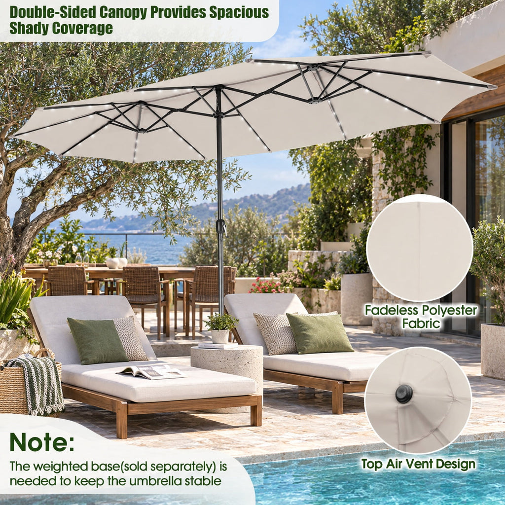 Airfind 15 Feet Twin Patio Umbrella with 48 Solar LED Lights, Steel polyester fabric Frame, 15.4 x 9.2 x 8 (L x W x H) Pole Footprint, Beige