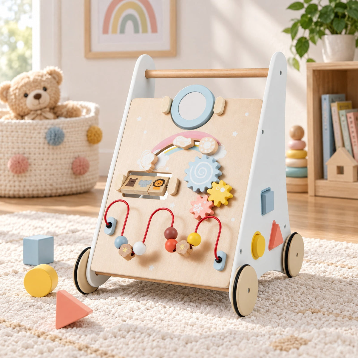 Airfind Wooden Youth Activity Walker with Multiple Play Features, Basswood Frame, Suitable for Ages 12 Months and Up, 13.5 Inch x 13 Inch x 17.5 Inch, Unspecified