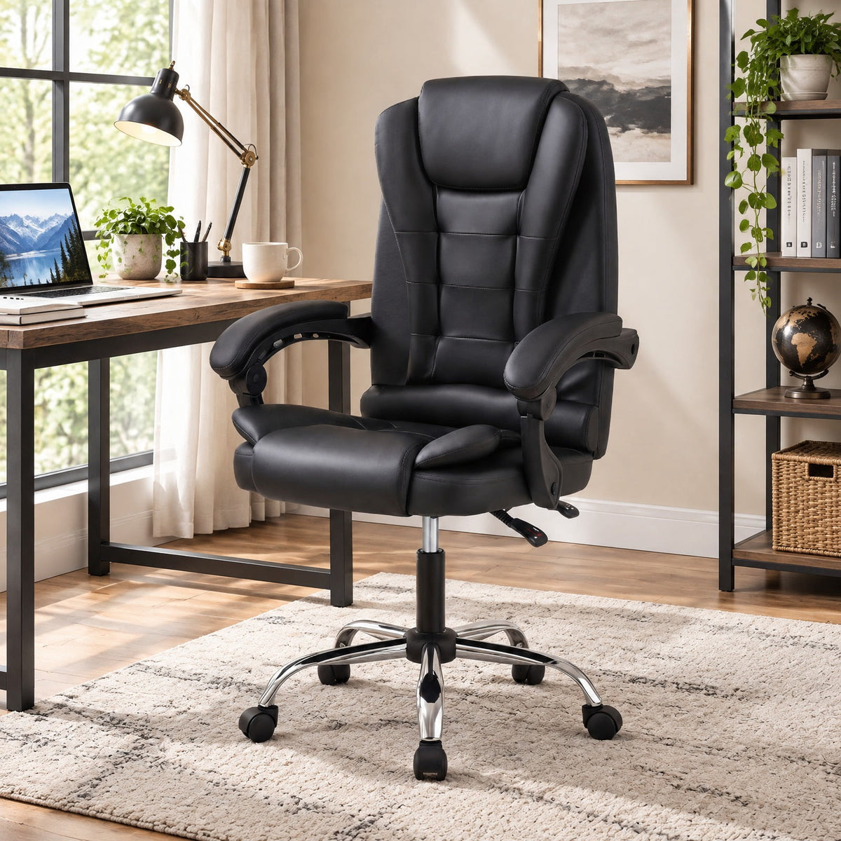 Airfind Big High Back Executive Chair with Linkage Armrests and Leather Padded Seat for Office, 330 Lbs Capacity with Black: PVC Leather Sponge, Black