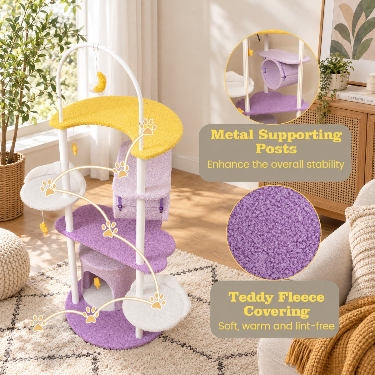 Airfind 62 Inches Large Cat Tower with Metal Frame and Jumping Platforms, 22 lbs Capacity, Purple, Diameter 24 Cat House