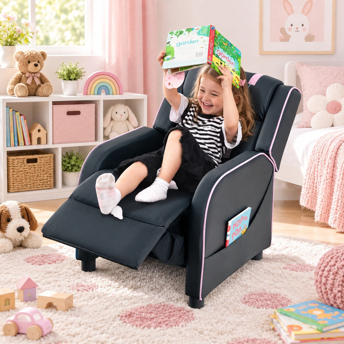 Airfind Kids Recliner Chair with Side Pockets and Footrest, 110 lbs Capacity, Sponge PU leather wood steel plastic Frame, Pink