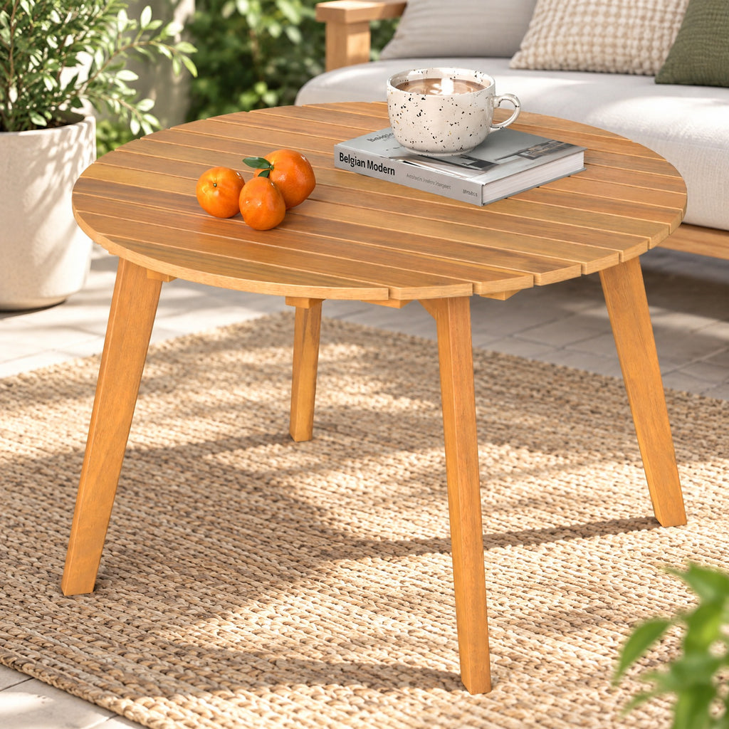 Airfind Round Outdoor Acacia Wood Side Table with Slatted Tabletop, 165 lbs Capacity, Acacia Wood Frame, 24.5 x 24.5 x 16 Footprint, Wood