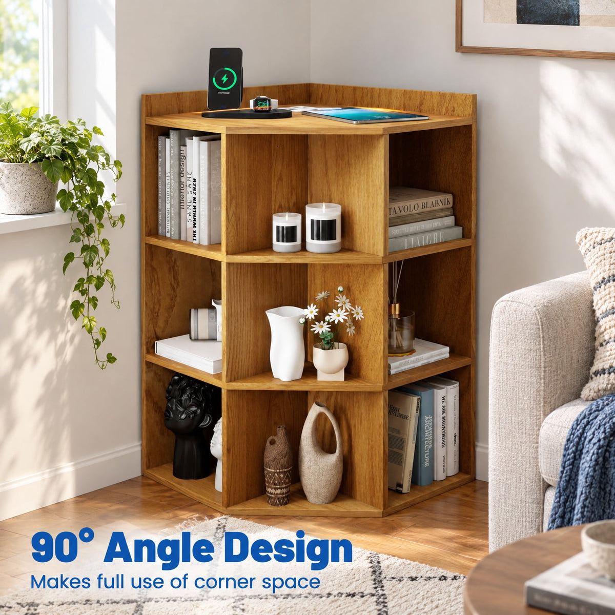 Airfind 3-Tier Corner Cabinet with Charging Station for Bedroom, Engineered Wood Frame, 20 x 20 x 34 inch Footprint, Natural