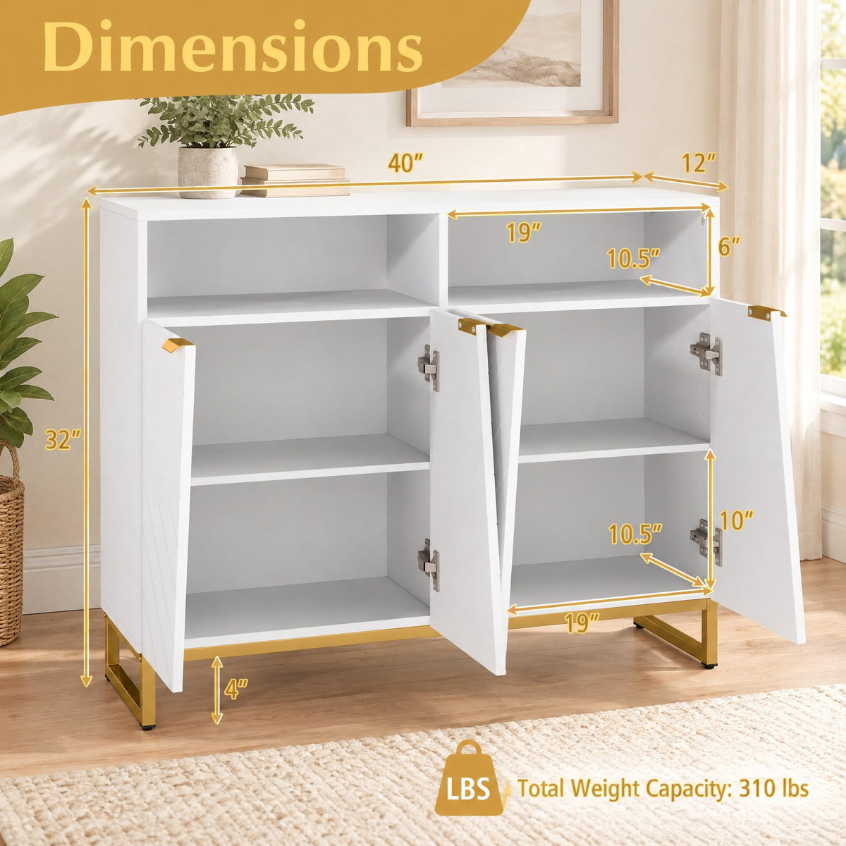 Airfind Modern Sideboard Cabinet with 4 Doors and Adjustable Shelves, 220 lbs Capacity, MDF Metal Frame, 40 x 12 x 32/100 x 30 x 80 cm Footprint