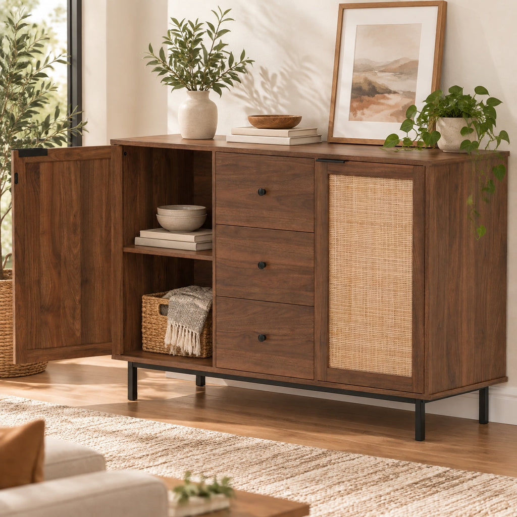 Airfind Sideboard Buffet Cabinet Rustic Farmhouse Coffee Bar Table with 2 Rattan Doors and 3 Drawers, 110 lbs Capacity, Engineered Wood Frame, Brown