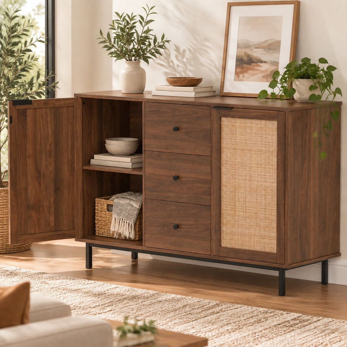 Airfind Sideboard Buffet Cabinet Rustic Farmhouse Coffee Bar Table with 2 Rattan Doors and 3 Drawers, 110 lbs Capacity, Engineered Wood Frame, Brown