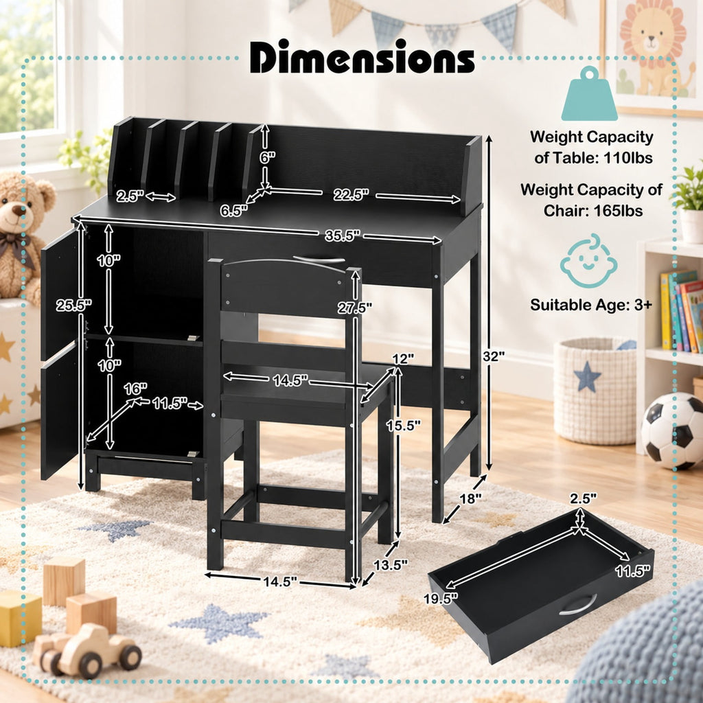 Airfind Wooden Kids Study Desk and Chair Set Student Workstation, 110 lbs Capacity, MDF Solid Wood Frame, for 3+, 35.5 x 18 x 32 Footprint, Black